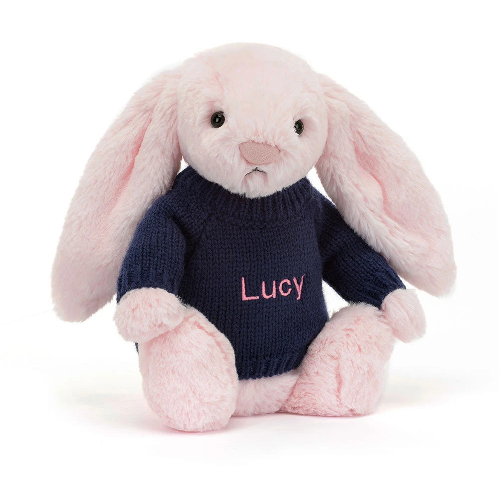 Bashful Pink Bunny With Personalized Navy Jumper - US 3060