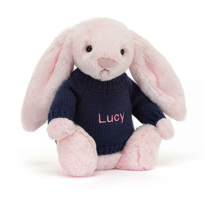 Bashful Pink Bunny With Personalized Navy Jumper - US 3060